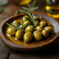 Poster - Artistic display of fresh green olives on a rustic wooden plate drizzled with golden olive oil highlighting their glossy texture and inviting appearance in a gourmet food setting