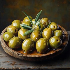 Poster - Artistic display of fresh green olives on a rustic wooden plate drizzled with golden olive oil highlighting their glossy texture and inviting appearance in a gourmet food setting