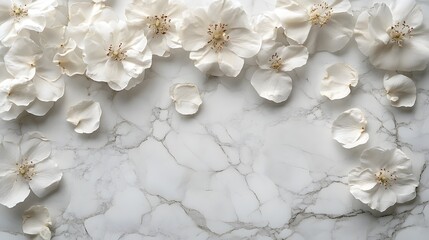 Poster - Artistic flat lay of dry white flowers scattered on a pristine white marble surface highlighting the contrast between the textured marble and the soft petals with ample empty space for creative use