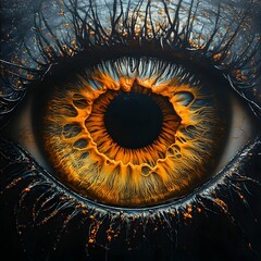 Poster - Artistic representation of an eye iris macro with a focus on the detailed texture of the brown cornea set against a black backdrop to highlight the beauty and complexity of human vision