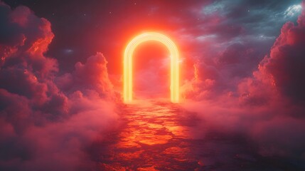 Fototapete - Electric neon orange archway radiates light amidst a backdrop of swirling smoke framed by laser beams creating an enchanting gateway to a futuristic realm in a cosmic space setting