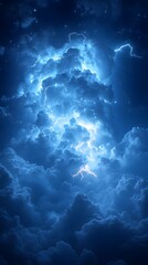 Fototapete - Electrifying display of thunder and lightning over a serene blue sky featuring dark storm clouds charged with energy illustrating the beauty and power of a summer thunderstorm