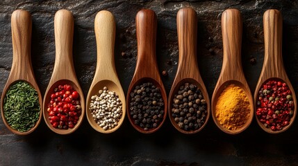 Poster - Elegant composition of various spices in handcrafted wooden spoons set against a dramatic stone background highlighting the rich tapestry of flavors and textures found in global cuisine