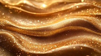 Poster - Elegant display of gold shine resembling shimmering sand particles with a wave of bright grainy texture and shiny liquid accents creating a luxurious backdrop for beauty and cosmetic products