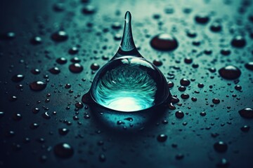 Poster - Glowing droplet of water reflecting light on dark surface with smaller droplets surrounding it, creating a mesmerizing abstract scene