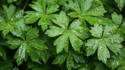 Wall Mural - A vibrant display of green leaves reveals glistening droplets from the recent rain, capturing the beauty of nature in a peaceful garden. The refreshing scene invites calm and serenity