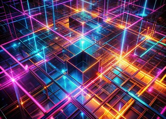 Poster - 4K Abstract Fractal Synthwave Grid: Glowing Lines Drone Aerial Technology Background