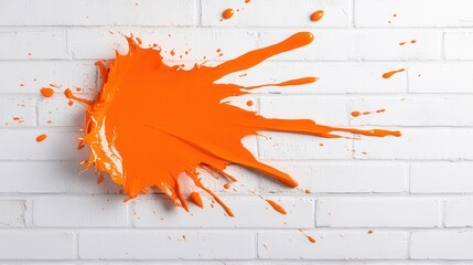 Poster - An exhilarating scene featuring bright orange paint splattered against a white brick wall, representing energy and creativity in a striking visual format.