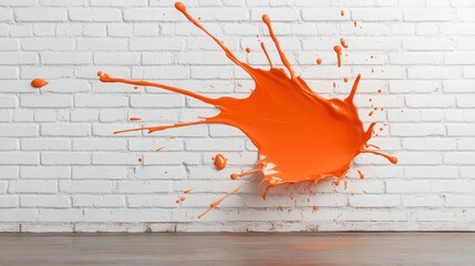 Poster - An energetic burst of bright orange paint splattering against a clean white wall, encapsulating creativity and the dynamic nature of artistic expression in a vivid moment.