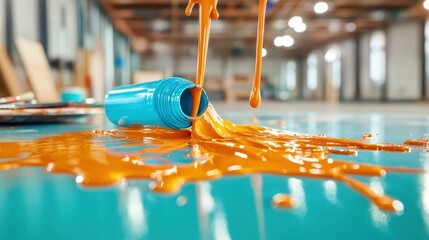 Poster - A vibrant orange paint can has been toppled over, spilling its contents onto a bright blue floor, creating a dynamic and colorful scene that invokes creativity and playfulness.