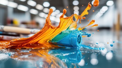 Poster - An elegantly captured moment of a vibrant paint can, with colors splashing dramatically onto the surface, showcasing the beauty of artistic exploration and creativity.