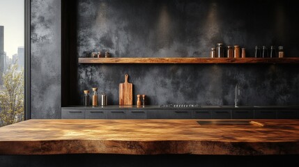 Fototapete - Elegant wood countertop in a stylish kitchen featuring an empty wooden table against a dark concrete wall This versatile space acts as a brown podium for product showcases and design presentations