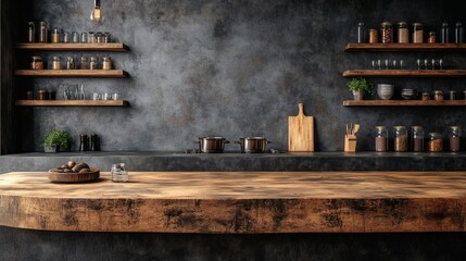 Poster - Elegant wood countertop in a stylish kitchen featuring an empty wooden table against a dark concrete wall This versatile space acts as a brown podium for product showcases and design presentations