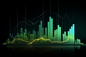 Poster - Green stock market chart growing like a futuristic city skyline with an upward trend, representing economic growth and financial success