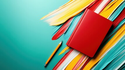Poster - A vibrant artistic workspace featuring a red notebook and colorful strokes, symbolizing creativity and expressing thoughts in a dynamic visual form.