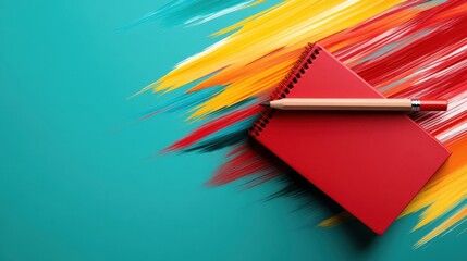 Poster - A captivating image of a red notebook with vibrant colors erupting around it, embodying the power of artistic expression and the burst of creativity.