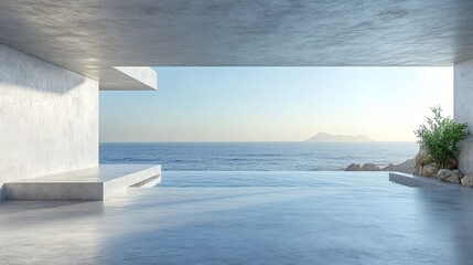 Fototapete - Empty balcony room crafted from smooth concrete offering expansive views of the sparkling sea surrounded by sleek gray stone accents creating a stylish modern interior perfect for coastal living