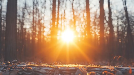 Wall Mural - Golden Sunset Rays Illuminating Forest Floor Log