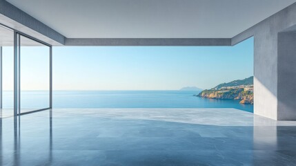 Fototapete - Empty balcony room crafted from smooth concrete offering expansive views of the sparkling sea surrounded by sleek gray stone accents creating a stylish modern interior perfect for coastal living