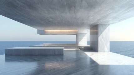 Poster - Empty balcony room crafted from smooth concrete offering expansive views of the sparkling sea surrounded by sleek gray stone accents creating a stylish modern interior perfect for coastal living