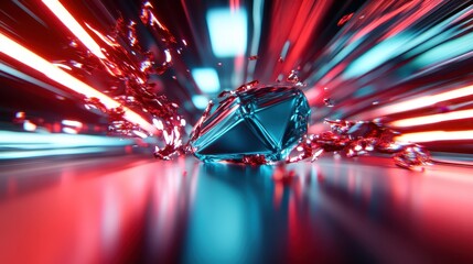 Poster - An eye-catching abstract representation of a diamond exploding into shards, infused with vibrant red and blue light accents, creating a sense of motion and energy.