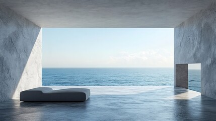 Fototapete - Empty balcony room crafted from smooth concrete offering expansive views of the sparkling sea surrounded by sleek gray stone accents creating a stylish modern interior perfect for coastal living