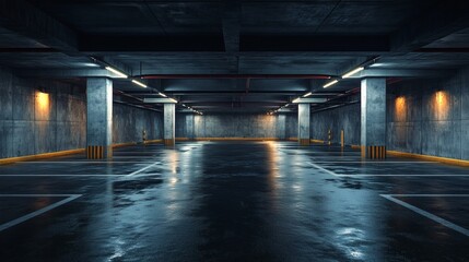 Fototapete - Empty parking lot bathed in soft light showcasing the vast space available for vehicles surrounded by dark concrete walls capturing the essence of an urban underground garage