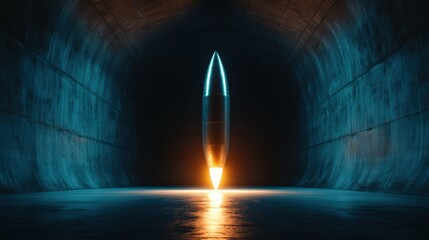 Poster - A sleek missile stands poised in a darkened tunnel, its bright exhaust illuminating the surroundings, showcasing themes of technology, power, and ominous potential.
