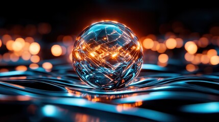 Poster - An intricate crystal sphere floats above a shimmering surface, illuminated by soft orange lights, encapsulating themes of technology, vibrancy, and reflective beauty in abstraction.