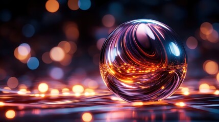 Poster - A mesmerizing reflective orb rests on a soft surface, surrounded by vibrant bokeh lights, capturing the essence of elegance and modern design in a captivating way.