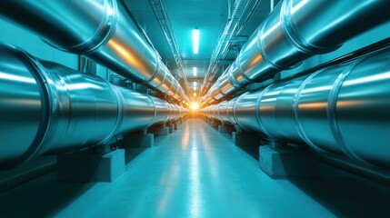 Poster - An abstract representation featuring metallic pipes bathed in colorful lights, showcasing a blend of modern industrialism and artistic aesthetics in a visually striking composition.