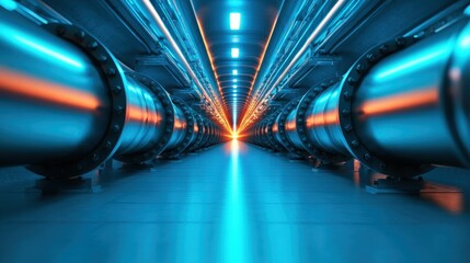 Poster - A captivating scene of intricate industrial pipes displaying a blend of blue and orange lighting, representing the intersection of technology and creative artistry in modern design.