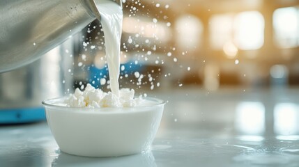 Poster - A mesmerizing image of milk being poured into a bowl, illustrating the fluidity and beauty of the action, capturing the delightful interplay between liquid and motion.