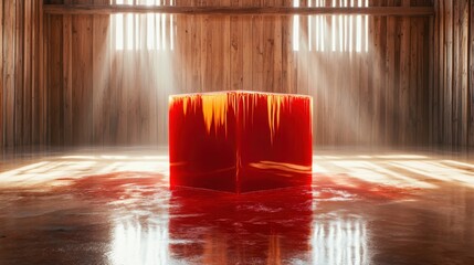Poster - This image presents a vivid red block dripping fluidly in a sun-lit space, capturing a fusion of color, brightness, and distinctive visual appeal.