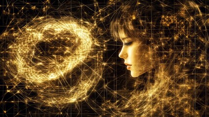 Poster - Golden Woman, Energy Sphere, Abstract Digital Art