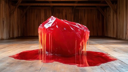 Poster - This sculpture features a red, melted appearance that resonates with organic natural forms, placed within a sunlit wooden environment captivating viewers with its visual depth.