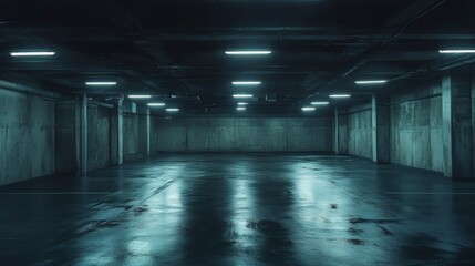 Fototapete - Empty parking lot bathed in soft light showcasing the vast space available for vehicles surrounded by dark concrete walls capturing the essence of an urban underground garage
