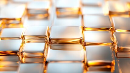 Poster - An abstract close-up of glassy rectangular shapes reflecting golden hues, creating an elegant composition that captures the essence of light and form through reflections.