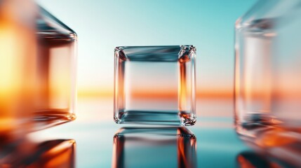 Aufkleber - A striking arrangement of transparent crystal rectangles illuminated by warm sunset tones, showcasing the interplay of light, form, and color in an abstract composition.