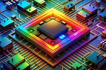 Poster - Abstract 3D Rainbow Circuit Board Design - Vibrant Technology Background