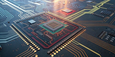 Poster - Abstract Aerial View of Electronic Circuit Board Pattern Background