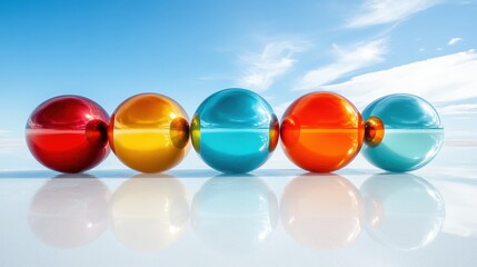Aufkleber - A visually striking arrangement of colorful, glossy spheres reflecting the bright blue sky, evoking feelings of joy and harmony in a beautifully simplified aesthetics.