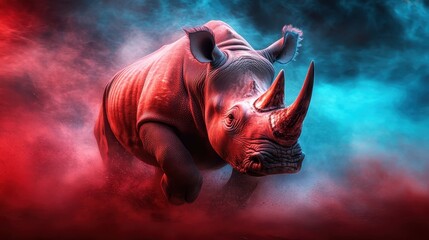 Poster - Showcasing a rhinoceros emerging through a vibrant background of swirling colors, this image highlights the beauty of wildlife combined with abstract artistic flair.