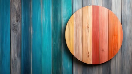 Poster - An artistic display featuring a circular wooden element set against an array of colorful wooden planks, illustrating a blend of tones and artistic flair in woodwork.