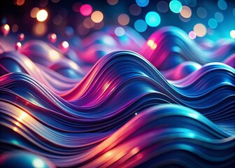 Poster - Abstract Blue Pink Wavy 3D Render with Bokeh - Dark Background Stock Photo