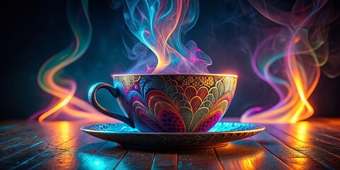 Poster - Abstract Brocade Coffee Cup Smoke Neon Wave Vanishing Point - Dark Background Low Light Photography