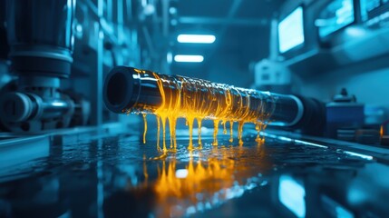 Poster - An exquisite close-up shot of a vibrant orange substance flowing from a tube, creating an engaging visual that captures the essence of creativity and industrial design.