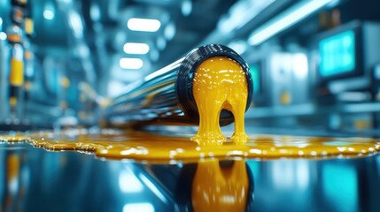 Poster - This image depicts a vibrant orange substance pooling around a black tube, creating an intriguing visual balance that highlights the beauty of color and form in design.