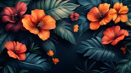 Poster - Exotic dark background adorned with vibrant tropical flowers rich green banana leaves and elegant palm fronds illustrated in a handdrawn style perfect for a luxurious fabric or wallpaper design
