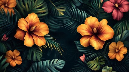 Poster - Exotic dark background adorned with vibrant tropical flowers rich green banana leaves and elegant palm fronds illustrated in a handdrawn style perfect for a luxurious fabric or wallpaper design